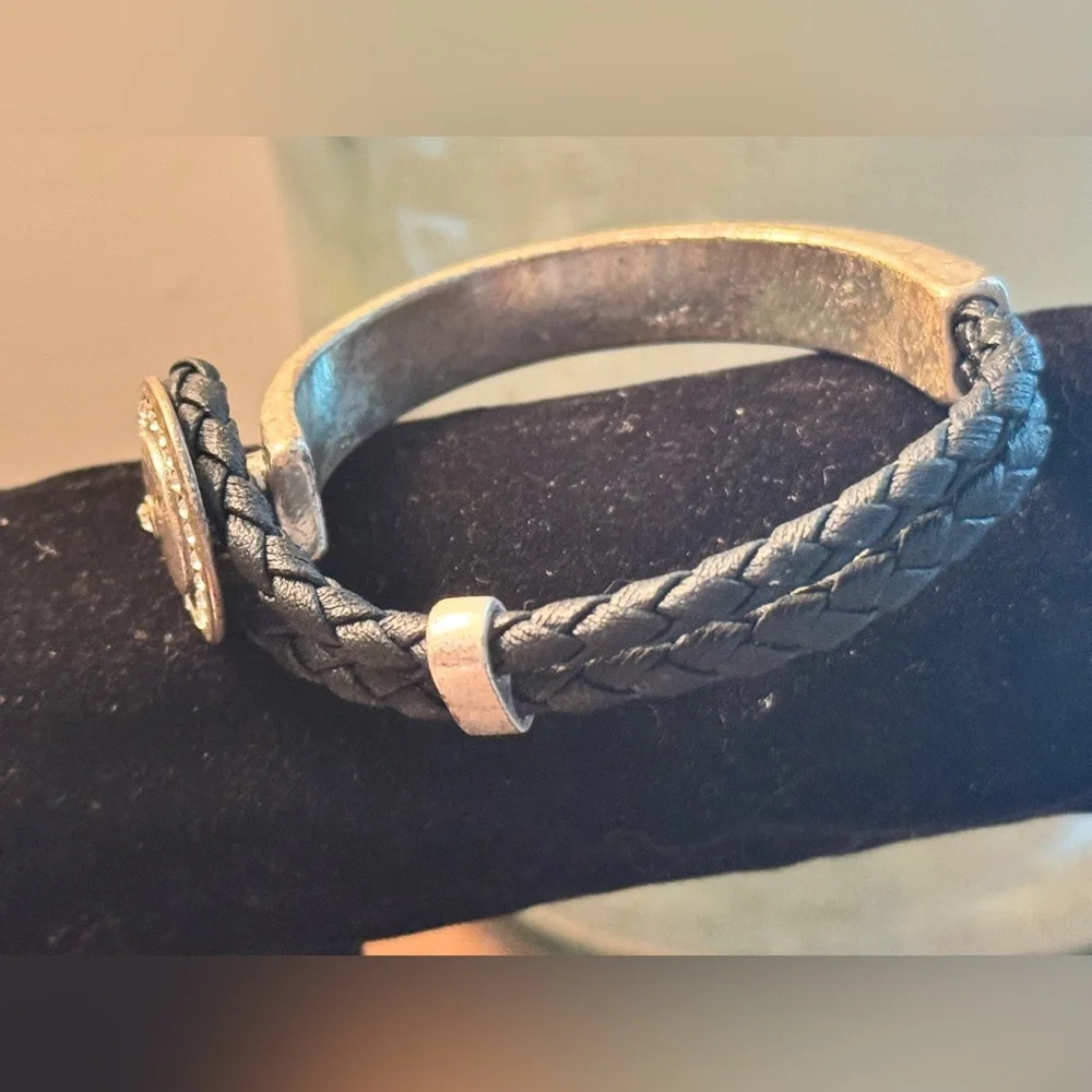 Premier Designs Black Leather  Braided Bracelet with Silver Medallion